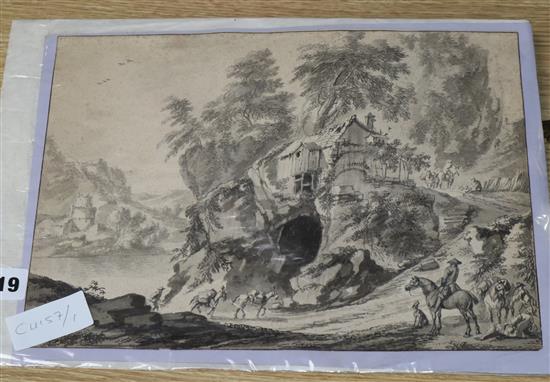 Late 18th century Continental School, monochrome watercolour, Travellers in a landscape, 23 x 32cm, unframed